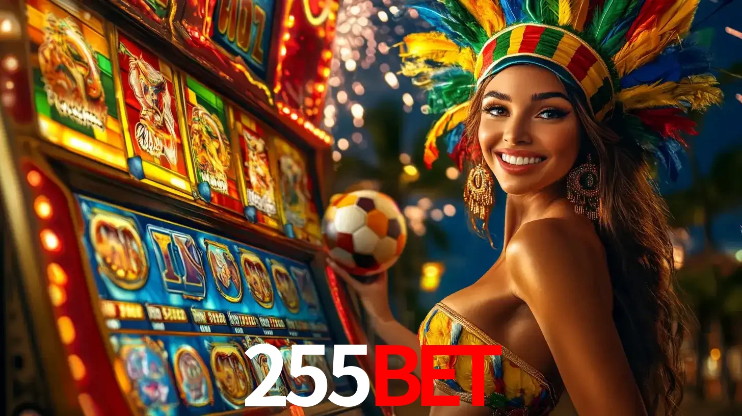 Mulher com um cocar de carnaval ao lado de uma máquina de caça-níqueis enquanto segura uma bola de futebol, mostrando a união da diversão de cassino e esportes no 255bet.