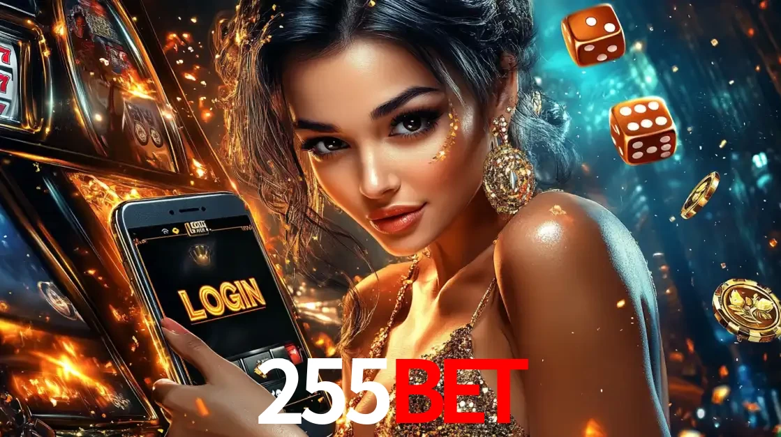 Mulher glamourosa segurando um celular com a tela de login do cassino 255bet, rodeada por dados e moedas douradas, pronta para começar a diversão.
