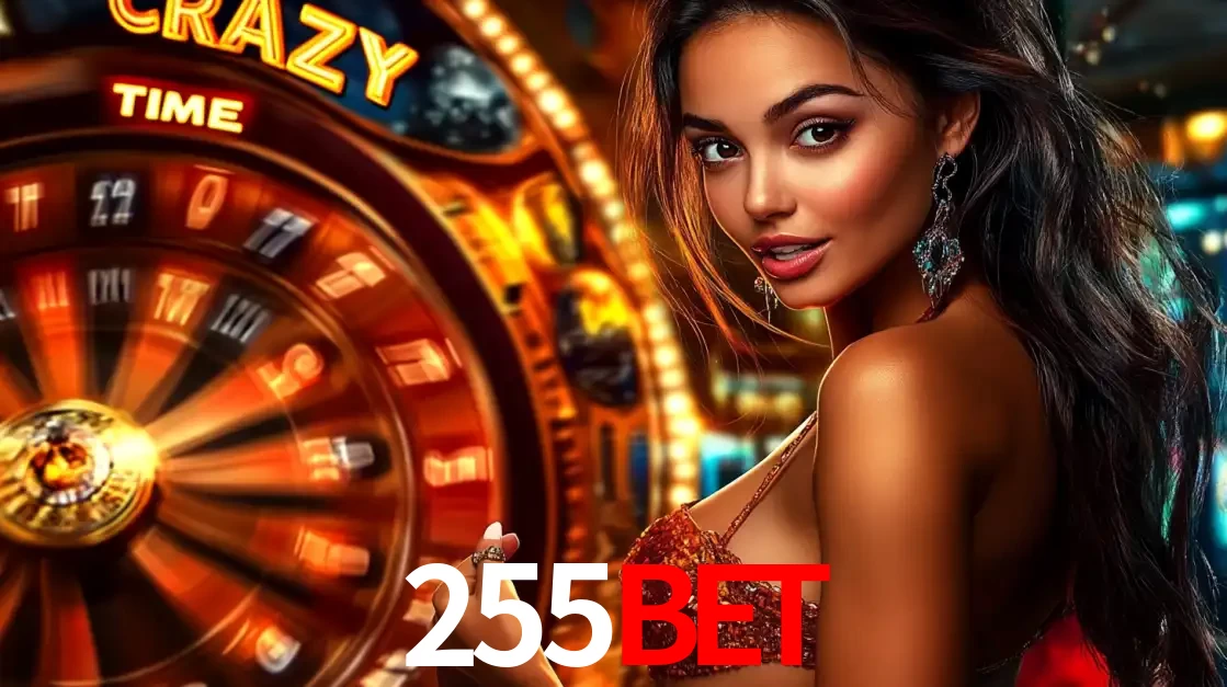 Mulher ao lado da roda de prêmios do jogo de cassino ao vivo Crazy Time, um dos shows de jogos mais emocionantes oferecidos pela plataforma de apostas 255bet.