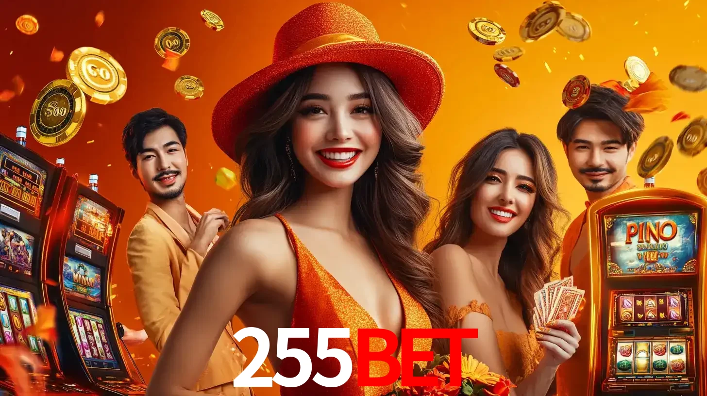 Grupo de amigos asiáticos sorrindo e se divertindo com máquinas de caça-níqueis em um ambiente festivo, celebrando suas vitórias nos jogos de cassino do 255bet.