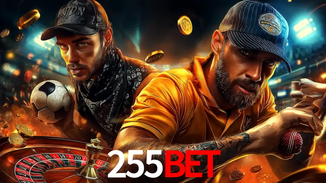 Montagem de apostas esportivas e cassino no 255bet, com um homem segurando uma bola de futebol e outro uma de beisebol sobre uma roleta e moedas voadoras.