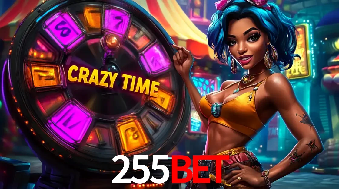 Mulher estilizada com cabelo azul e visual vibrante posando ao lado da roda de prêmios do game show Crazy Time, convidando para a diversão e os bônus do cassino 255bet.