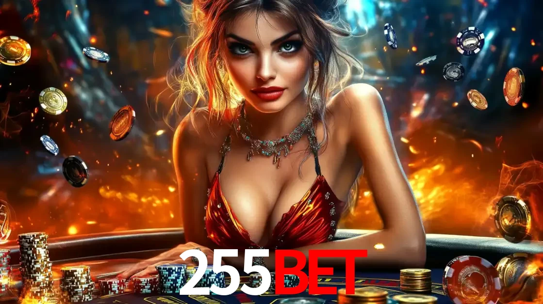 Mulher em uma mesa de cassino com pilhas de fichas e um fundo de fogo, pronta para uma rodada de altas apostas nos jogos de mesa emocionantes do cassino 255bet.