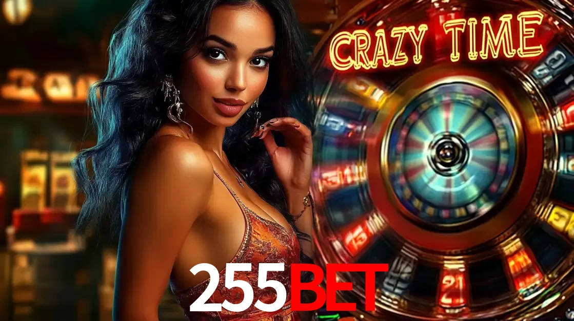 Mulher elegante ao lado da vibrante roda da fortuna do jogo de cassino ao vivo Crazy Time, um dos game shows mais populares e cheios de prêmios do 255bet.