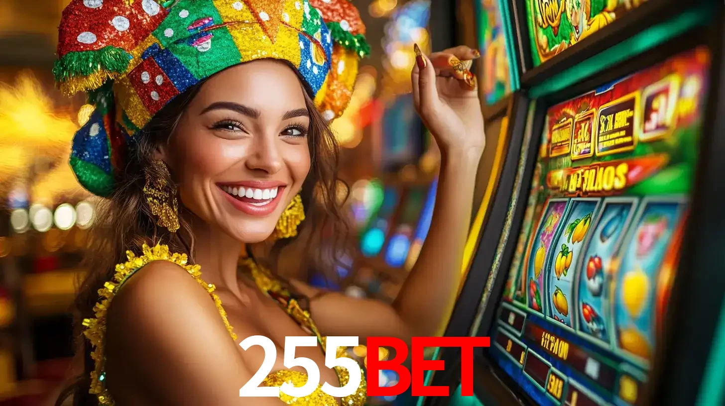 Mulher feliz com traje de carnaval amarelo e colorido ao lado de uma máquina de caça-níqueis, aproveitando a diversão e os jogos temáticos do cassino 255bet.
